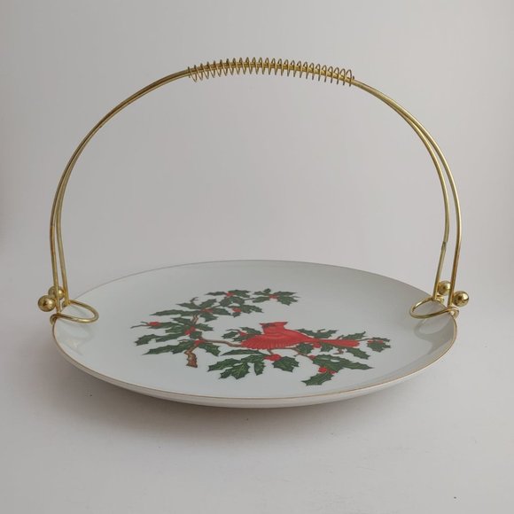Vintage Lefton China Cardinal Serving Plate Removable Brass Handle Christmas - Picture 2 of 7